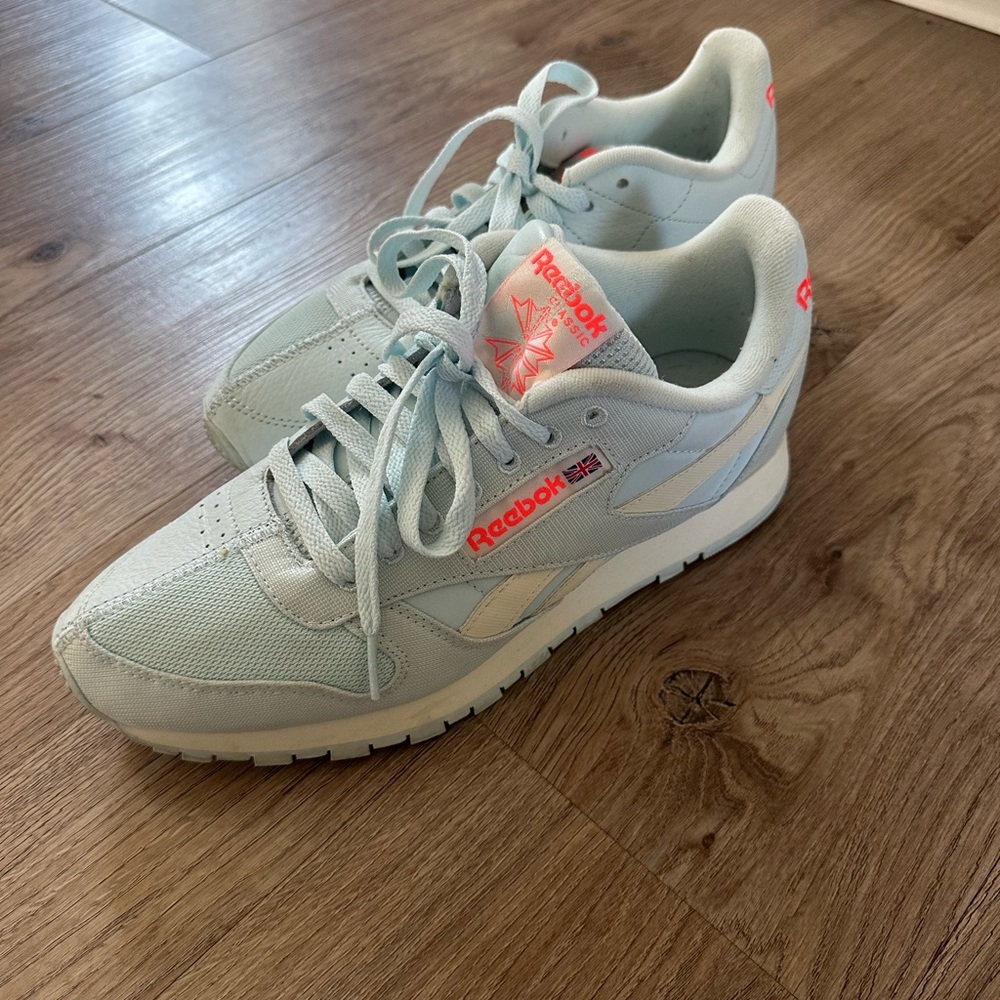 Reebok Light Blue Sneakers with Orange Accents, Size 9